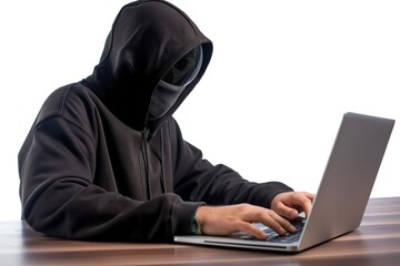 Aufkleber - Man in black hoodie sits isolated in dark room surrounded by computer screens. He types on laptop with intense focus, possibly hacking into digital network.