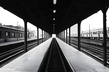 Canvas Print - Black and white photo of empty train platform with tracks leading to the light at the end of the tunnel