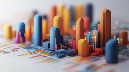 Wall Mural - Abstract 3D Cityscape with Colorful Buildings and Data Charts