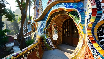 Wall Mural - Vibrant Mosaic Entrance of Gaudis Park Guell Bathed in Morning Light Celebrating Artistic Heritage and Iconic Architectural Design