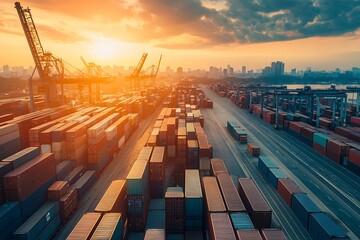 Aerial view of shipping containers at sunset in a harbor