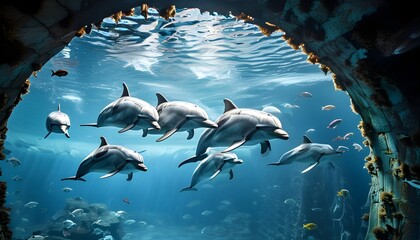 Dolphins and colorful fish glide through a vibrant underwater tunnel at the aquarium zoo