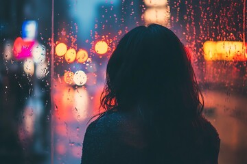 Wall Mural - Silhouette of Woman Looking Out Window in Rainy City Night