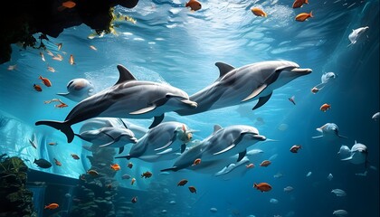 Dolphins and colorful fish glide through a vibrant underwater tunnel at the aquarium zoo