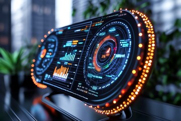 Poster - Futuristic dashboard interface, showing business growth metrics and accelerator performance with glowing graphs