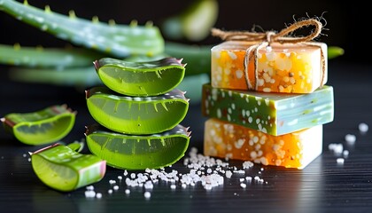 Wall Mural - Natural Aloe Vera Soap Bars alongside Fresh Aloe Plant on Dark Table, Embracing Wellness and Organic Skincare