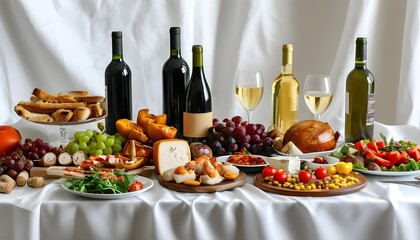 Wall Mural - Elegant dining table adorned with white tablecloth featuring an array of delicious food and fine wine