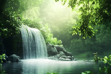 Wall Mural - Waterfall cascading through lush green forest, sunlight shining through leaves