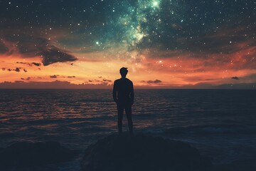 Poster - Silhouette of a man standing on the beach looking at the starry night sky