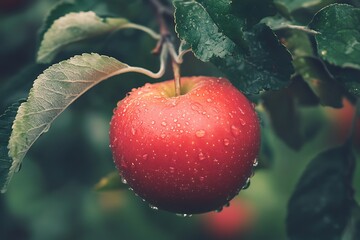 Sticker - Red apple hanging on tree branch after rain with water droplets on the surface