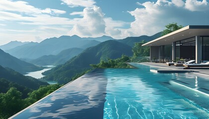 Wall Mural - Serene infinity pool and modern luxury home with breathtaking mountain views, showcasing innovative real estate concepts in harmony with nature.