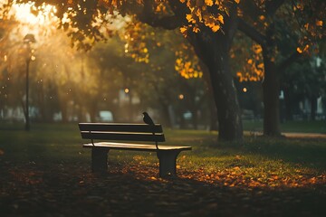 Canvas Print - Lonely park bench with bird at sunrise,  autumn leaves on ground, golden light, peaceful morning scene