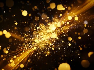 Fototapete - captivating display of golden dots and particles explodes from the center, creating a stunning, dynamic effect against the dark backdrop. This artwork exudes energy and vibrancy.