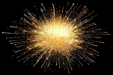 Poster - Golden particles burst forth in a dazzling display, scattering and glowing brilliantly against the dark background, depicting a high-energy explosion of light and motion.