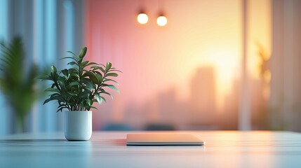 Wall Mural - A potted plant and a tablet on a desk by a window with a sunset view