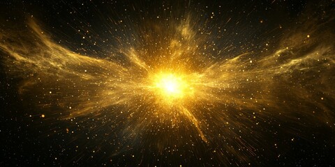 Poster - vibrant explosion of golden particles fills the darkness, creating a mesmerizing sphere. The radiant center glows intensely while particles disperse into fine dust, embodying cosmic beauty.