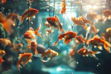 School of Goldfish Swimming in a Tank with Bubbles