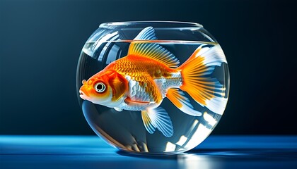 Wall Mural - Vibrant goldfish gliding gracefully in crystal-clear water of a glass bowl atop a blue table, set against a deep blue backdrop