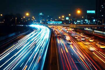 Wall Mural - Long exposure of traffic lights on busy highway at night in city