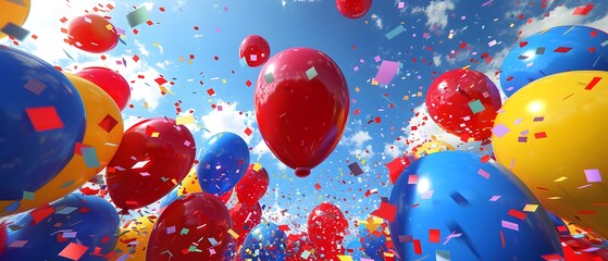 joyful sky filled with colorful balloons and confetti.