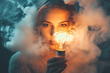 Wall Mural - Woman Holding a Lightbulb Surrounded by Smoke, Conceptual Art