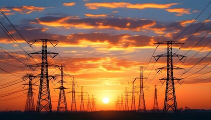 Majestic silhouette of a high-voltage electric tower set against a serene sunset, embodying the harmony of power and tranquility.