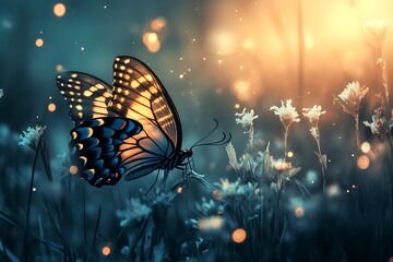 Sticker - Magical Butterfly with Glowing Wings on a Flower in a Dreamy Forest