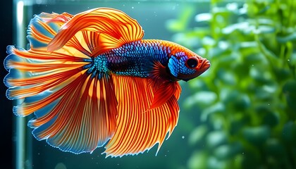 Vibrant orange Betta fish gracefully swimming in a crystal clear tank surrounded by lush green plants