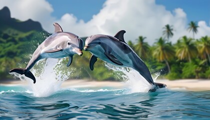 Wall Mural - Dolphins leaping above waves with a stunning tropical beach and vibrant blue sky in the background