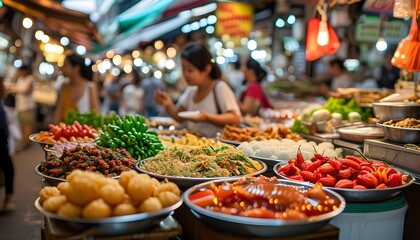 Wall Mural - Exploring the vibrant flavors of authentic street food at a bustling Thai market in Bangkok, immersed in local culture and culinary delights