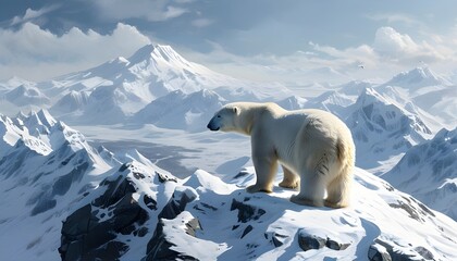 Wall Mural - Majestic polar bear perched on a snow-covered mountain, watching over the expansive icy wilderness