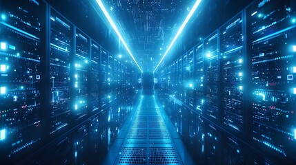 Aufkleber - 3D render of server room with blue neon lights. The concept of cloud computing and data storage. - Generated AI