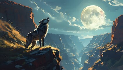 Wall Mural - Echoes of a lone wolfs howl under the moonlight in a vast canyon