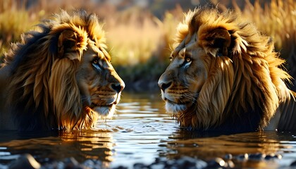 Wall Mural - Majestic lions surveying their kingdom from a tranquil watering hole