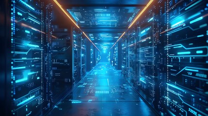 Aufkleber - Futuristic server room data center. 3d rendering toned image - Generated AI