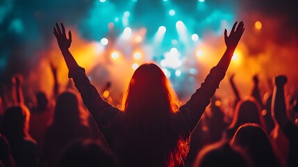 Silhouette of a young woman with raised hands at a music festival - Generated AI