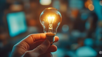 Poster - Hand holding light bulb on blurred background. Business and innovation concept. - Generated AI