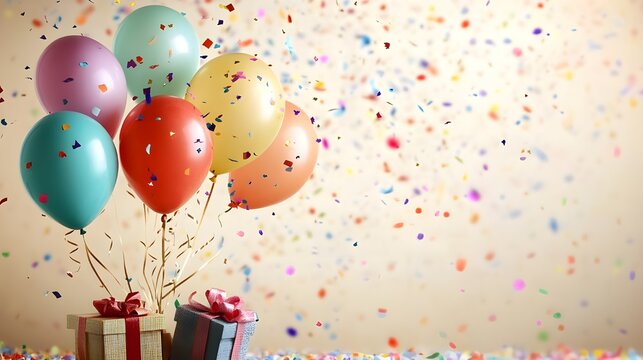 Gift box and colorful balloons with confetti on the background. 3d rendering - Generated AI