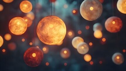Poster - 3D rendering of a group of orange balls hanging from the ceiling - Generated AI