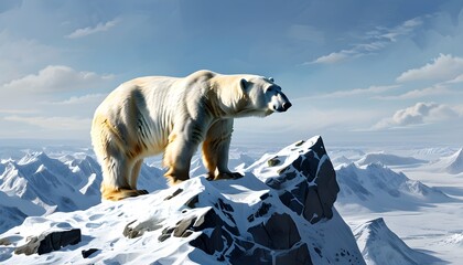 Wall Mural - Majestic polar bear perched on a snow-covered mountain, watching over the expansive icy wilderness