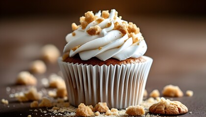 Wall Mural - Frosted white cupcake adorned with cookie crumbles, surrounded by sprinkled crumbs on a rustic brown surface