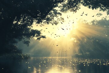 Sticker - Golden Sunrise with Birds Flying Over a Misty River and Trees