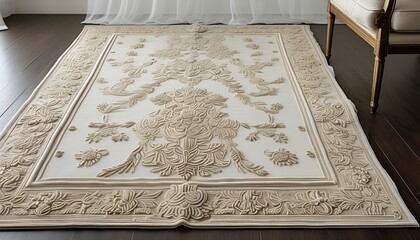 Exquisite beige ornamental rug featuring intricate embroidery on a white backdrop, highlighting craftsmanship and texture in home decor and interior design.