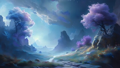 Wall Mural - Enchanted dreamscape of vibrant blue and purple hues in a mystical fantasy realm