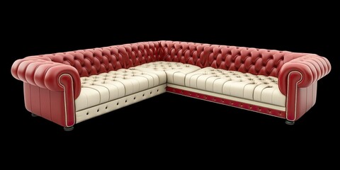 L shape luxury scarlet and cream leather sofa set with elegant leather buttons pattern isolated on transparent background 