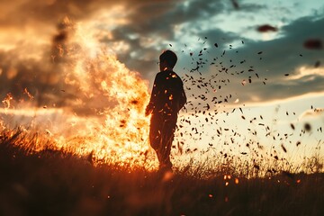 Silhouette of a person standing in front of a large fire with sparks flying in the air