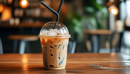 Wall Mural - Chilled Iced Coffee in a Plastic Cup on a Rustic Wooden Table