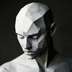 head of a geometric person statue isolated on black