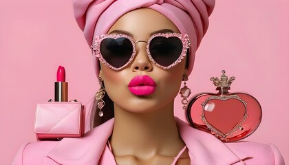 Wall Mural - Chic pink fashion accessories collection for dolls featuring crowns, perfumes, lipsticks, sunglasses, and high heels with heart motifs