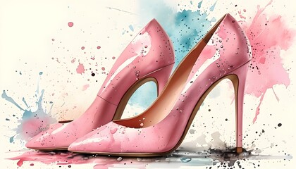 Wall Mural - Elegant watercolor depiction of high-heeled shoes in light pink, set against a backdrop of artistic splashes, perfect for fashion blogs and retail promotions